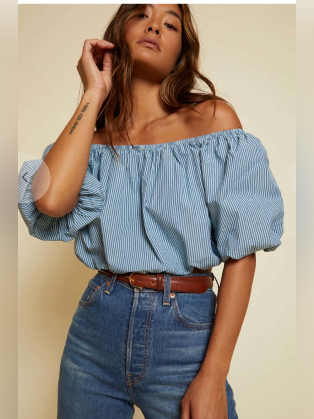 Revolve Nation LTD Sonali Bubble Hem Top Spritz Blue Striped Boho Size M